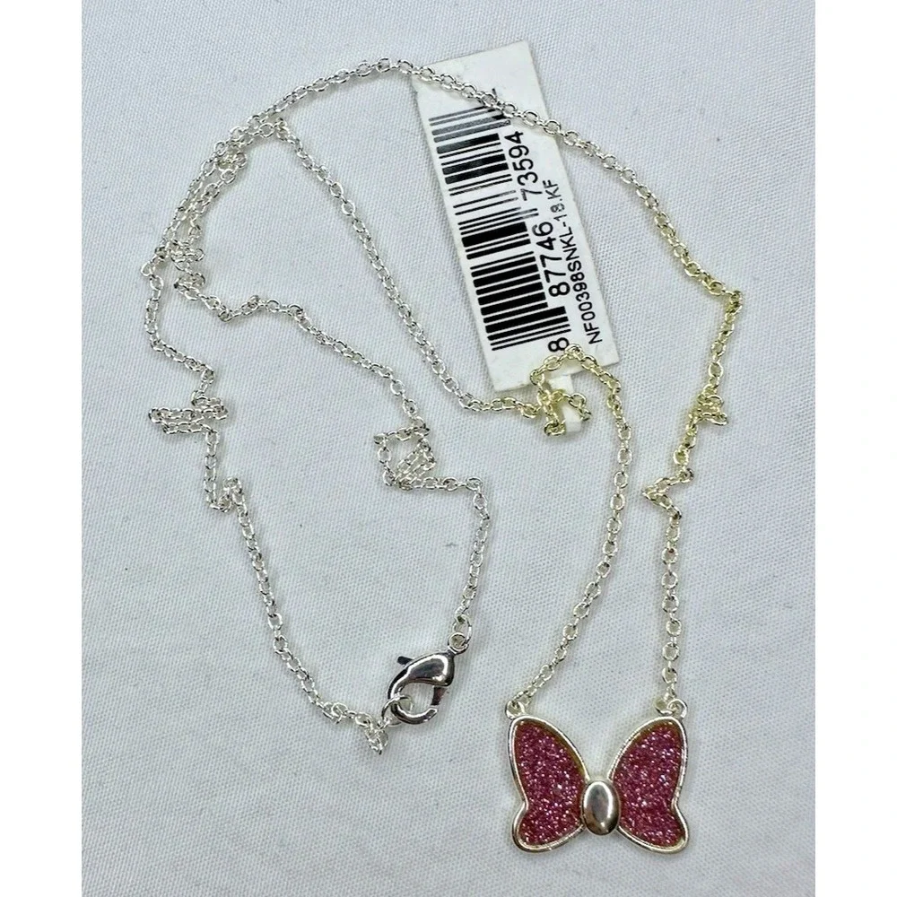Disney Pink Glitter Bow Necklace Minnie Mouse Charm Brass JCM 17 in Tags